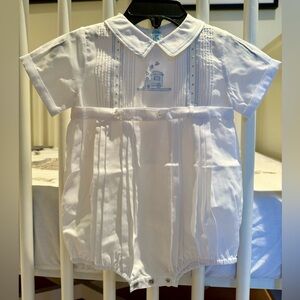 Feltman Brothers smocked button belt creeper romper with train embroidery